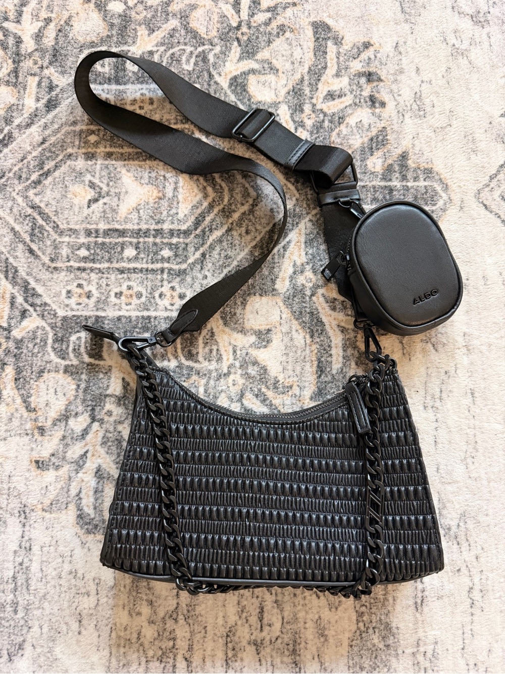 Aldo Black Woven Crossbody Bag with Chain and Detachable Pouch